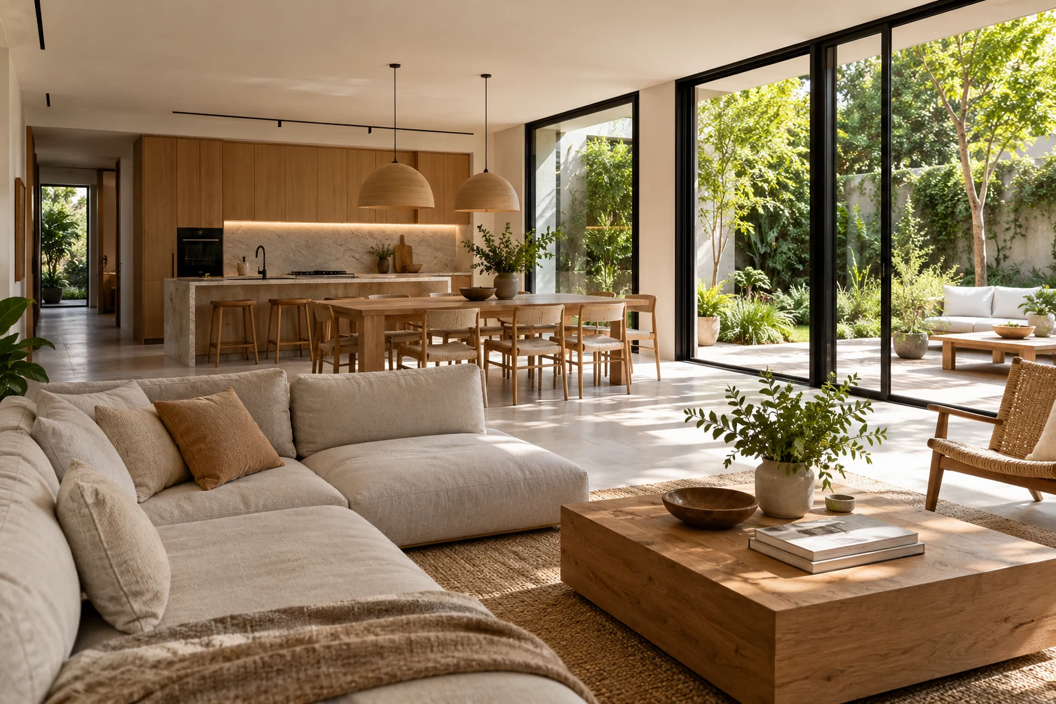 Interior luminoso de una casa renovada, con cocina abierta, madera natural y ventanales al jardín. Imagen ilustrativa.